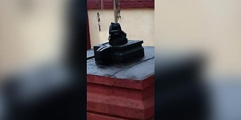 The destroyed 'Moolavigraham'  of Kodungallur Sree Kurumba Bhagavathy temple. (Photo | Special Arrangement)