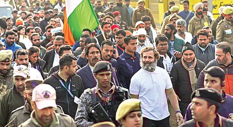 Congress leader Rahul Gandhi with supporters during the party’s ‘Bharat Jodo Yatra’, in Jammu district. (Photo | PTI)
