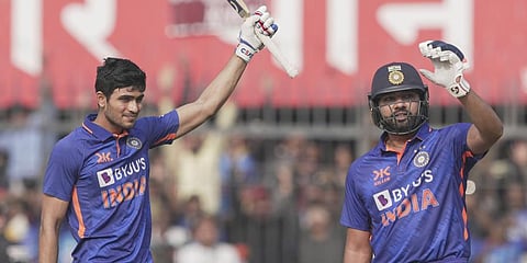 Shubman Gill celebrates after scoring a century during the third ODI cricket match between India and New Zealand, in Indore, Jan. 24, 2023. (Photo | PTI)
