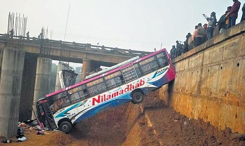 The ill-fated passenger bus after the mishap near Panchubati on Monday | Express