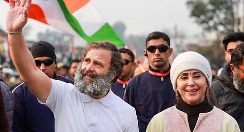 Congress leader Rahul Gandhi with Bollywood actor Urmila Matondkar during the party's 'Bharat Jodo Yatra', at Nagrota in Jammu district. (Photo | PTI)