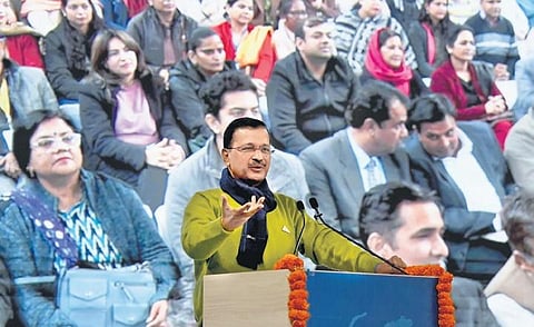 CM Arvind Kejriwal  interacts with teachers on Sunday. (Photo | Express)
