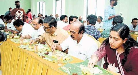 Delegation led by LSGD Minister M B Rajesh having lunch arranged on the premises of Muttathara Sewage Farm in Thiruvananthapuram