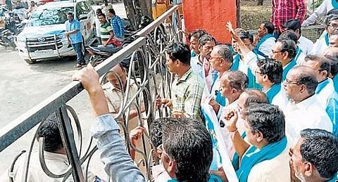 ​  Farmers protest in front of Nirmal collectorate demanding withdrawal of the Nirmal municipal master plan on Monday  ​