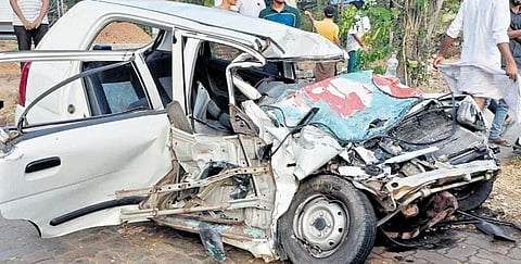 The mangled remains of the car that collided with a lorry at Kakkazham in Ambalappuzha in the early hours of Monday | Express