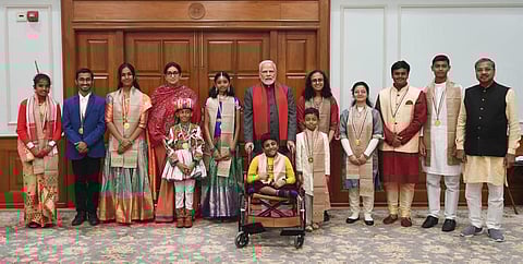 PM Narendra Modi with Pradhan Mantri Rashtriya Bal Puraskar awardees.