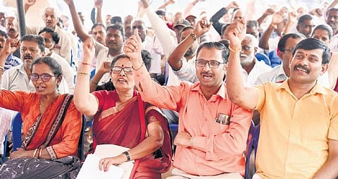 Transport employees protest at Freedom Park in Bengaluru on Tuesday | Vinod Kumar T
