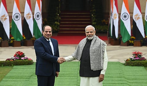Prime Minister Narendra Modi shakes hand with Egypt's President Abdel Fattah El-Sisi before their meeting in New Delhi, Jan. 25, 2023. (Photo | Shekhar Yadav, EPS)