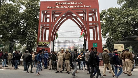 A heavy deployment of the police outside the Jamia Millia Islamia University in New Delhi on Wednesday, Jan. 25, 2023. (Photo | Express)