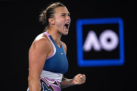 Belarus' Aryna Sabalenka reacts after winning against Poland's Magda Linette during their semifinal match at the Australian Open tennis championship in Melbourne, Jan. 26, 2023. (Photo | AP)