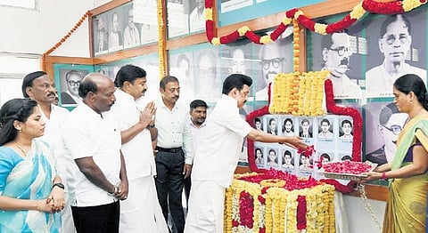 Stalin paying homage to language martyrs at their memorial in Guindy. Ministers MP Saminathan, M Subramanian and Chennai Mayor R Priya look on