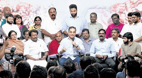 Kamal Haasan holding a presser at MNM office in Chennai on Wednesday | Express