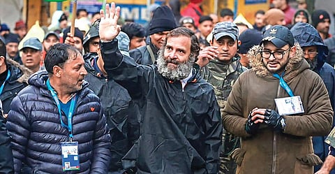 Rahul Gandhi waves at supporters during the party’s Bharat Jodo Yatra in Jammu’s Ramban district. (Photo| PTI)