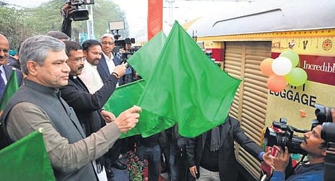 Ashwini Vaishnaw and Dharmendra Pradhan flag off the train