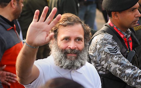 Congress leader Rahul Gandhi waves at supporters during the party's 'Bharat Jodo Yatra', in Jammu, Monday, Jan. 23, 2023. (Photo | PTI)