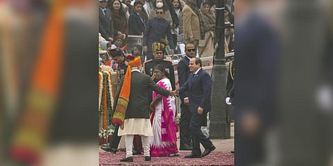 Prime Minister Narendra Modi receives President Droupadi Murmu and chief guest Egyptian President Abdel Fattah El-Sisi for 74th Republic Day Parade at the Kartavya Path, in New Delhi on Jan. 26, 2023