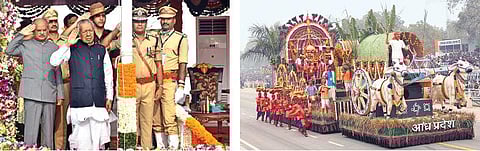 Governor Biswa Bhusan Harichandan hoists the national flag at the Republic Day celebrations at IGMC Stadium in Vijayawada on Thursday, Prabhala Theertham, the tableau of Andhra Pradesh, rolls down the