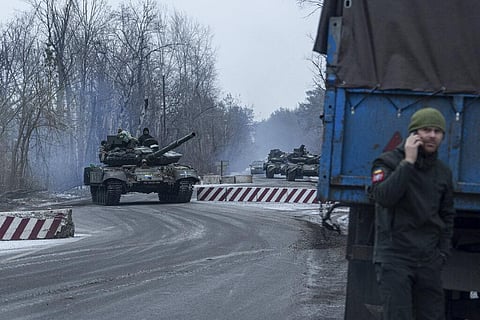 Ukrainian tanks roll towards the frontline in Donetsk region, Ukraine. (Photo | AP)