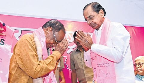 Former Odisha chief minister Giridhar Gamang being welcomed into the BRS by Chief Minister K Chandrasekhar Rao in Hyderabad on Friday