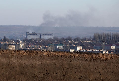 This photograph taken on January 25, 2023, shows smoke billowing over the Ukrainian town of Bakhmut in the Donetsk region, amid the Russian invasion of Ukraine. (Photo | AFP)