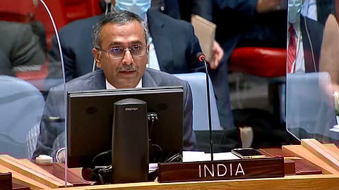 Ambassador R Ravindra, India's Dy Permanent Representative to UNSC, at the UNGA in New York, Jan. 27, 2023. (Photo | Twitter@IndiaUNNewYork)