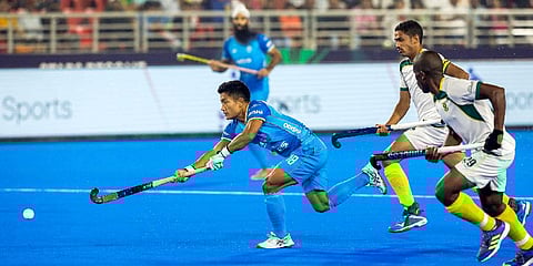India's Nilakanta Sharma plays during the 2023 Men's FIH Hockey World Cup classification match between India and South Africa. (Photo | PTI)