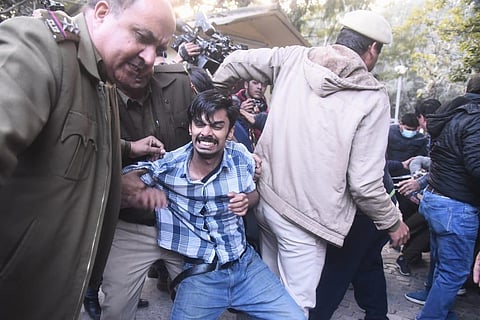 Students detained by Delhi Police as they try to screen the BBC documentary at DU North Campus in New Delhi on Friday, Jan. 27, 2023. (Photo | Parveen Negi, EPS)