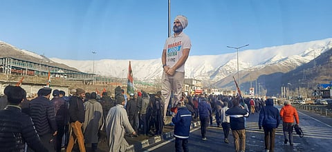 A huge cut-out of Congress leader Rahul Gandhi for the Bharat Jodo Yatra in Banihal, J & K, Friday, Jan. 27, 2023. (Photo | PTI)