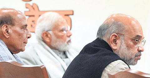 PM Narendra Modi, Defence Minister Rajnath Singh and Home Minister Amit Shah during the BJP’s Central Election Committee meeting in New Delhi on January 27. (Photo| PTI)