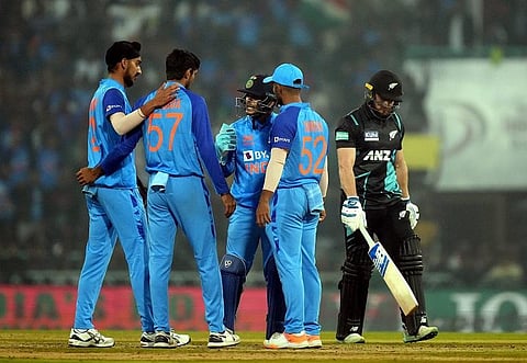 Deepak Hooda with teammates celebrates the wicket of Glenn Phillips during the 2nd T20 cricket match between India and New Zealand, Sunday, Jan. 29, 2022. (Photo | PTI)