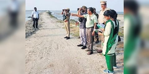 Students, researchers, and forest department personnel participating in first day of bird census in Kodiyakarai on Saturday | Express