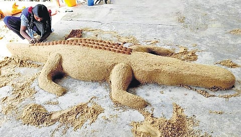 A Sharmila, a Class 12 student from Keeramangalam, Pudukkottai, at work on her  sand art of a crocodile | express