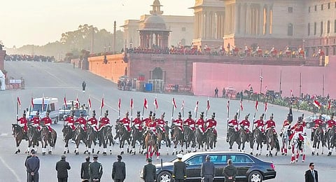 Bodyguards during the full dress rehearsal for the Beating Retreat ceremony at Vijay Chowk on Saturday | PTI