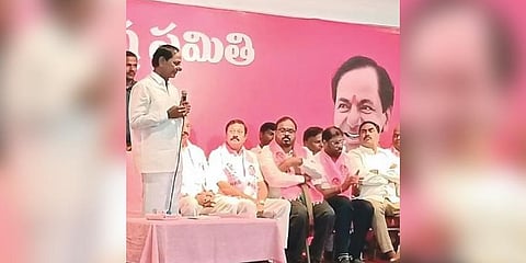 Chief Minister K Chandrasekhar Rao addresses leaders from AP in Hyderabad on Monday.