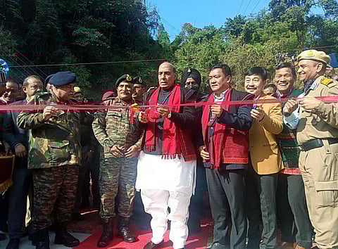Defence Minister Rajnath Singh dedicated 28 infrastructure projects of the Border Roads Organisation (BRO) to the nation during an event in Arunachal's Siang. (Photo | ANI)
