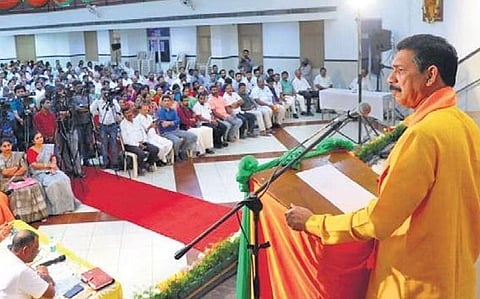 BJP state president Nalin Kumar Kateel speaks at the Booth Vijaya Abhiyan in Mangaluru on Monday | express
