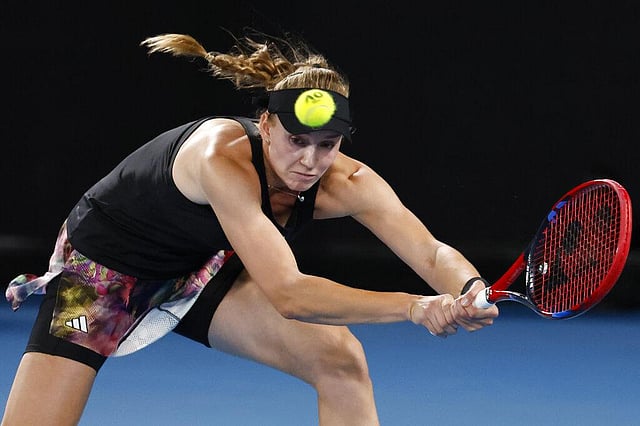 Elena Rybakina of Kazakhstan plays a backhand return to Aryna Sabalenka of Belarus in the women's singles final at the Australian Open tennis championship in Melbourne, Australia. (Photo | AP)