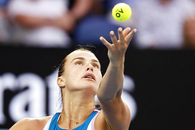 Aryna Sabalenka of Belarus serves to Elena Rybakina of Kazakhstan in the women's singles final at the Australian Open. The 24-year-old Belarusian dropped her first set of 2023 in the final in Melbourne but roared back to beat the reigning Wimbledon champion 4-6, 6-3, 6-4. (Photo | AP)