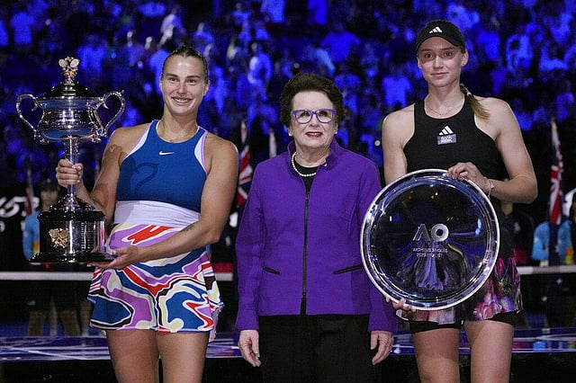 Billie Jean King, centre, stands with Aryna Sabalenka of Belarus as she holds the Daphne Akhurst Memorial Trophy after winning against Elena Rybakina of Kazakhstan. (Photo | AP)
