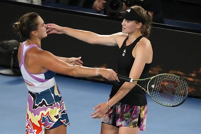 Belarus' Aryna Sabalenka is congratulated by  Kazakhstan's Elena Rybakina following the women's singles final at the Australian Open tennis championship in Melbourne, Australia. (Photo | AP)
