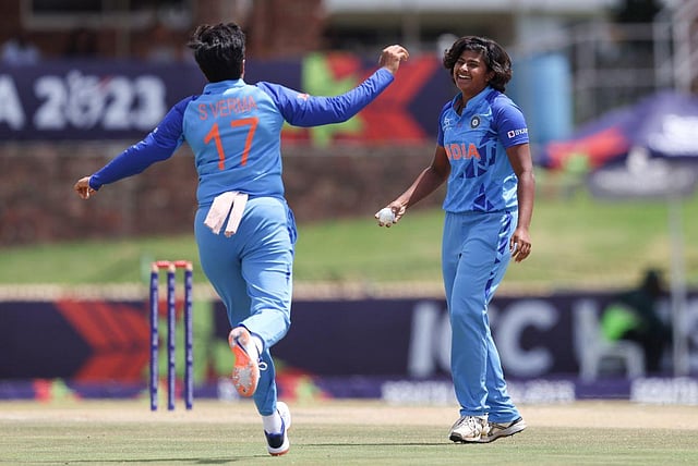 India's bowling attack, led by pacer Titas Sadhu and supported by leg-spinner Parshavi Chopra, set up the comprehensive win on Sunday as they blew England away with a clinical display at Senwes Park. (Photo | BCCI Women Twitter)