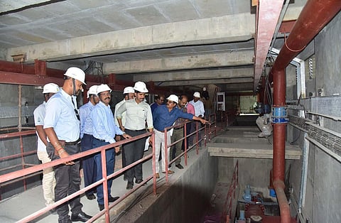 TWAD Board MD V Dakshinamoorthy and CCMC Commissioner M Pratap inspected works at the treatment plant in Thandiperumalpuram on Saturday. (Photo | Express)