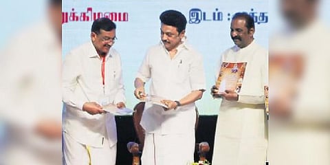 Chief Minister MK Stalin during the inauguration of the medical conference on ENT at Muthamizh Peravai in RA Puram, in Chennai on Sunday. Lyricist Vairamuthu is  also seen (Photo | R Satish Babu)