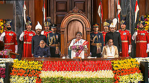 President Droupadi Murmu addresses the joint session of Parliament on the opening day of the Budget Session, in New Delhi, Jan. 31, 2023. (Photo | PTI)