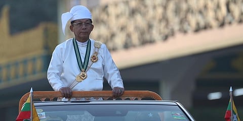 Myanmar's Senior Gen. Min Aung Hlaing, head of the military council, inspects officers during a ceremony marking the 75th anniversary of Independence Day. (Photo | AP)
