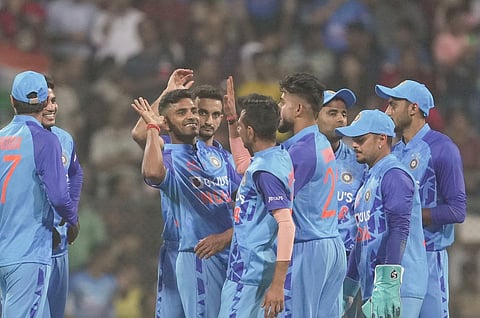Shivam Mavi celebrates with teammates during the T20 match between India and Sri Lanka at Wankhede Stadium, in Mumbai, Jan. 3, 2023. (Photo | PTI)