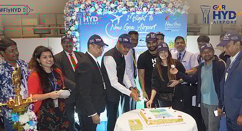 Celebrations for the first flight that took off for New Goa Manohar International Airport (GOX) from Hyderabad (Photo | Twitter)