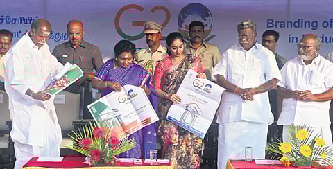 Lt Governor Dr Tamilisai Soundararajan releases posters and stickers of the G20 logo in Puducherry on Wednesday | sriram r