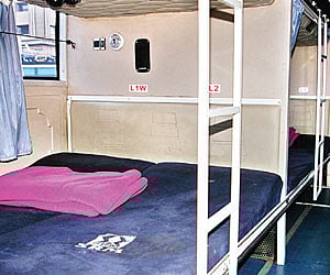 The interiors of a sleeper bus used for representation purpose.