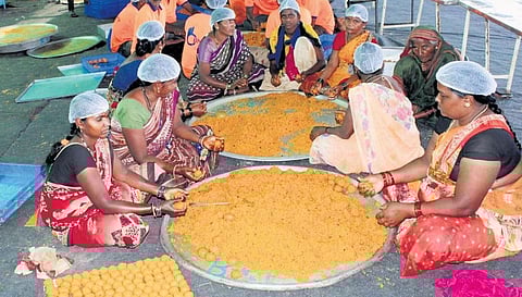 Food, including laddus, being prepared for participants and visitors at the venue of the 86th Kannada Sahitya Sammelana in Haveri on Wednesday | Express